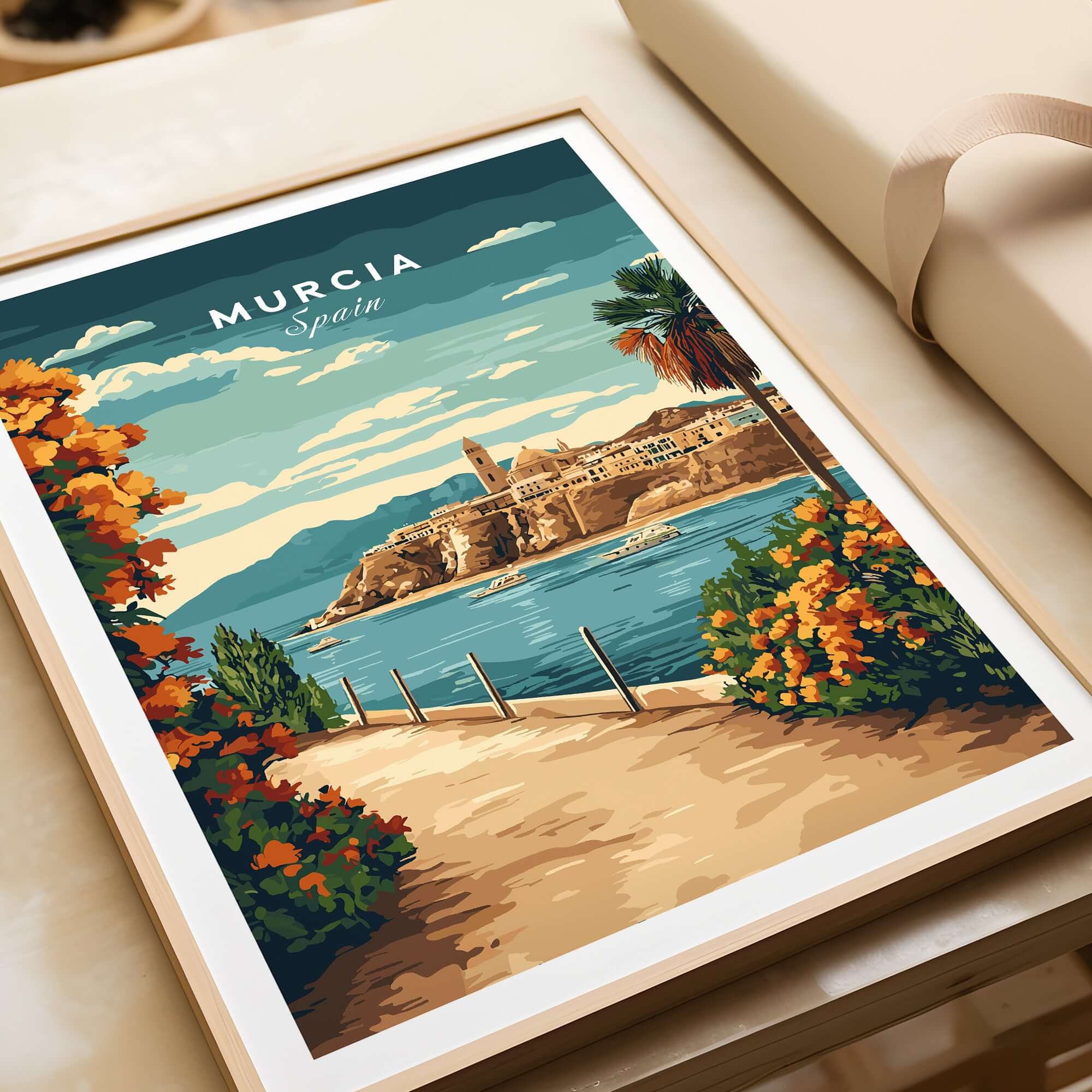 Mu1rcia Print showcasing vibrant colors and scenic view of Murcia, Spain with coastal landscape and palm trees.