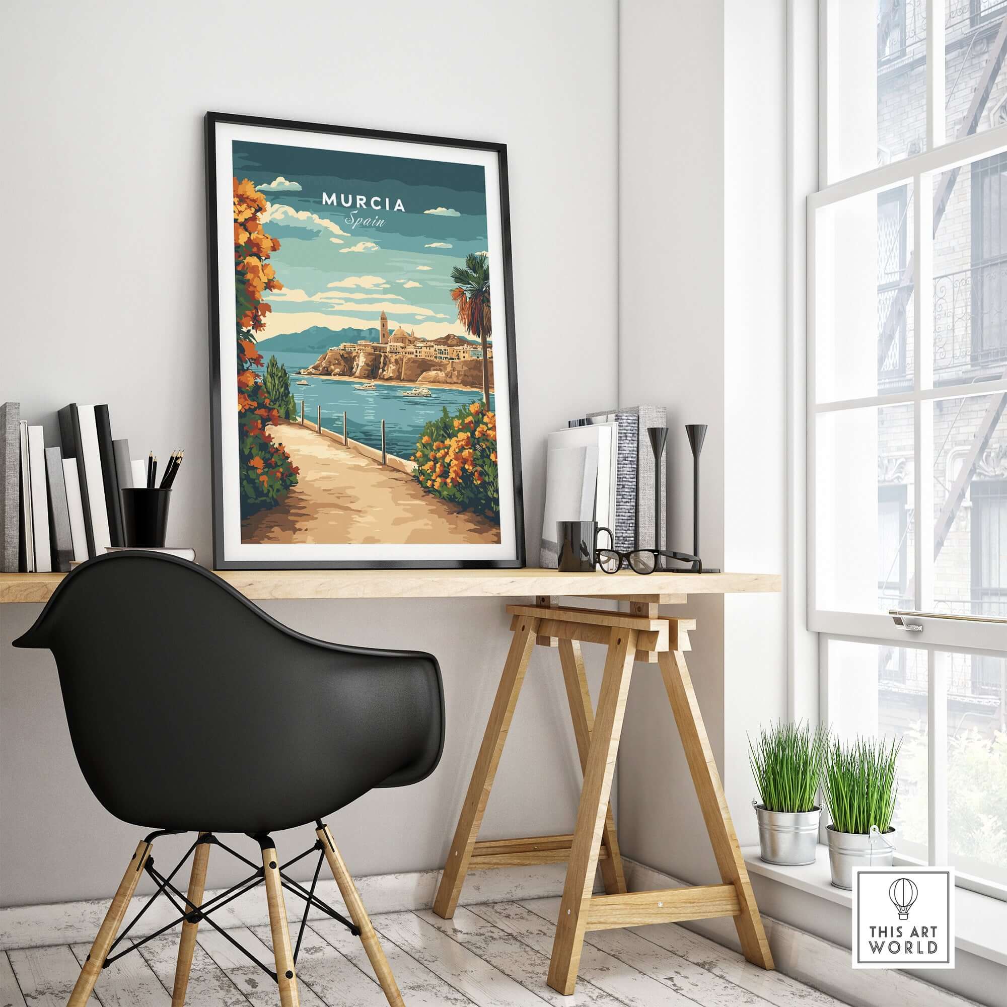 Murcia Print displayed in a stylish workspace, showcasing vibrant colors and inviting European charm.