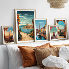 Murcia Print displayed among other city prints in a stylish home decor setting, showcasing vibrant European charm.