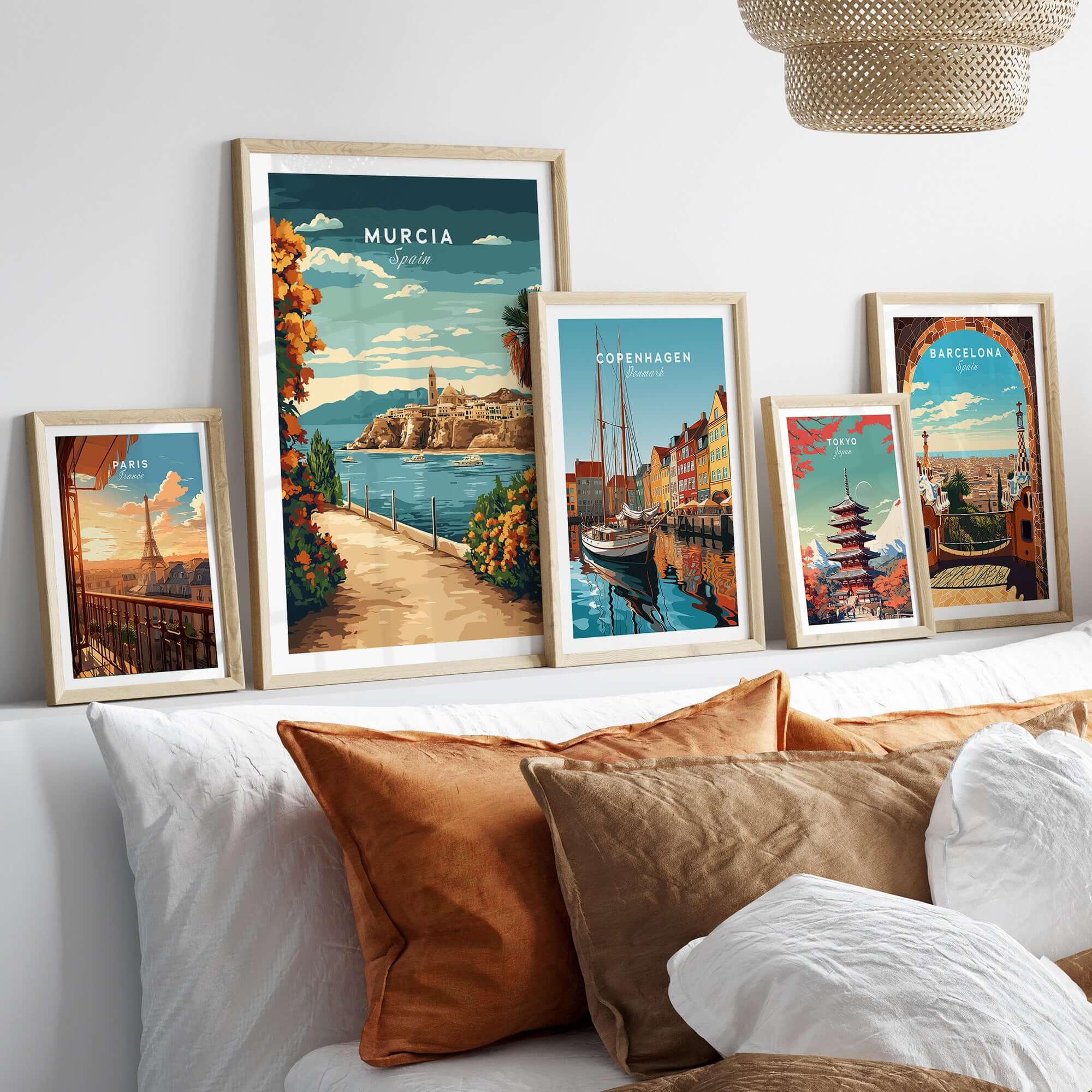 Murcia Print displayed among other city prints in a stylish home decor setting, showcasing vibrant European charm.