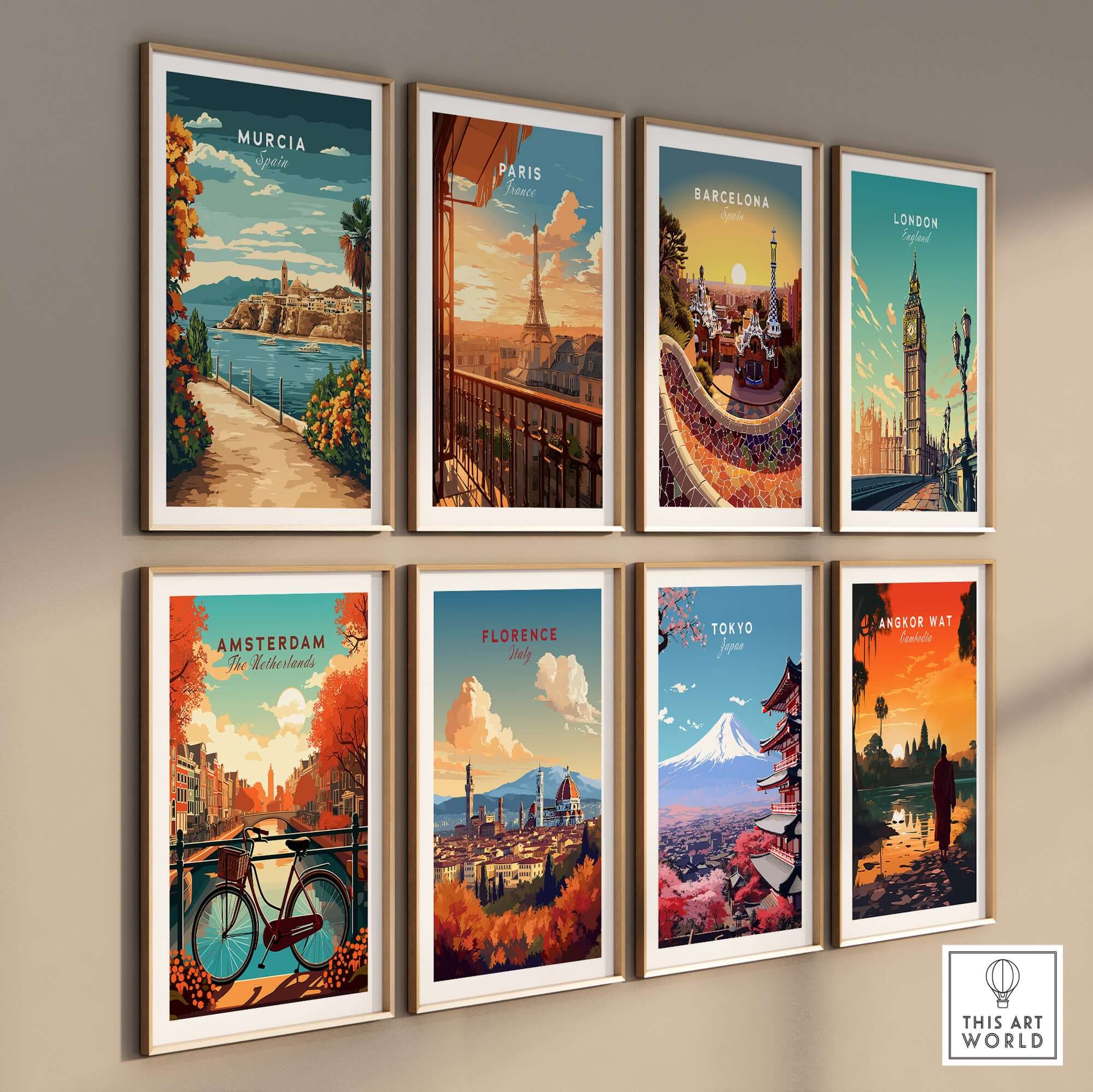 Murcia Print and other European city prints in colorful frames on a gallery wall.