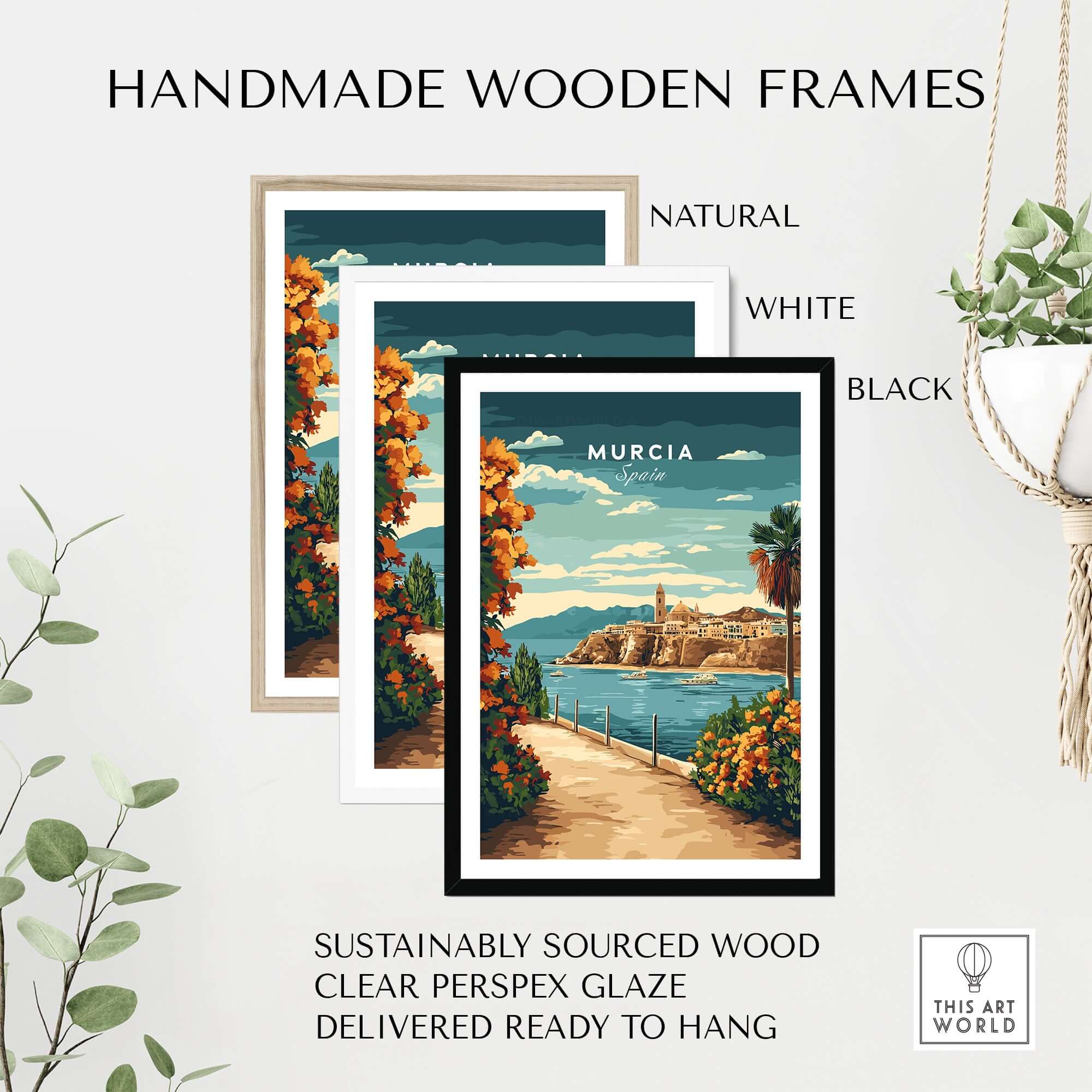 Murcia Print displayed in handmade wooden frames in natural, white, and black finish.