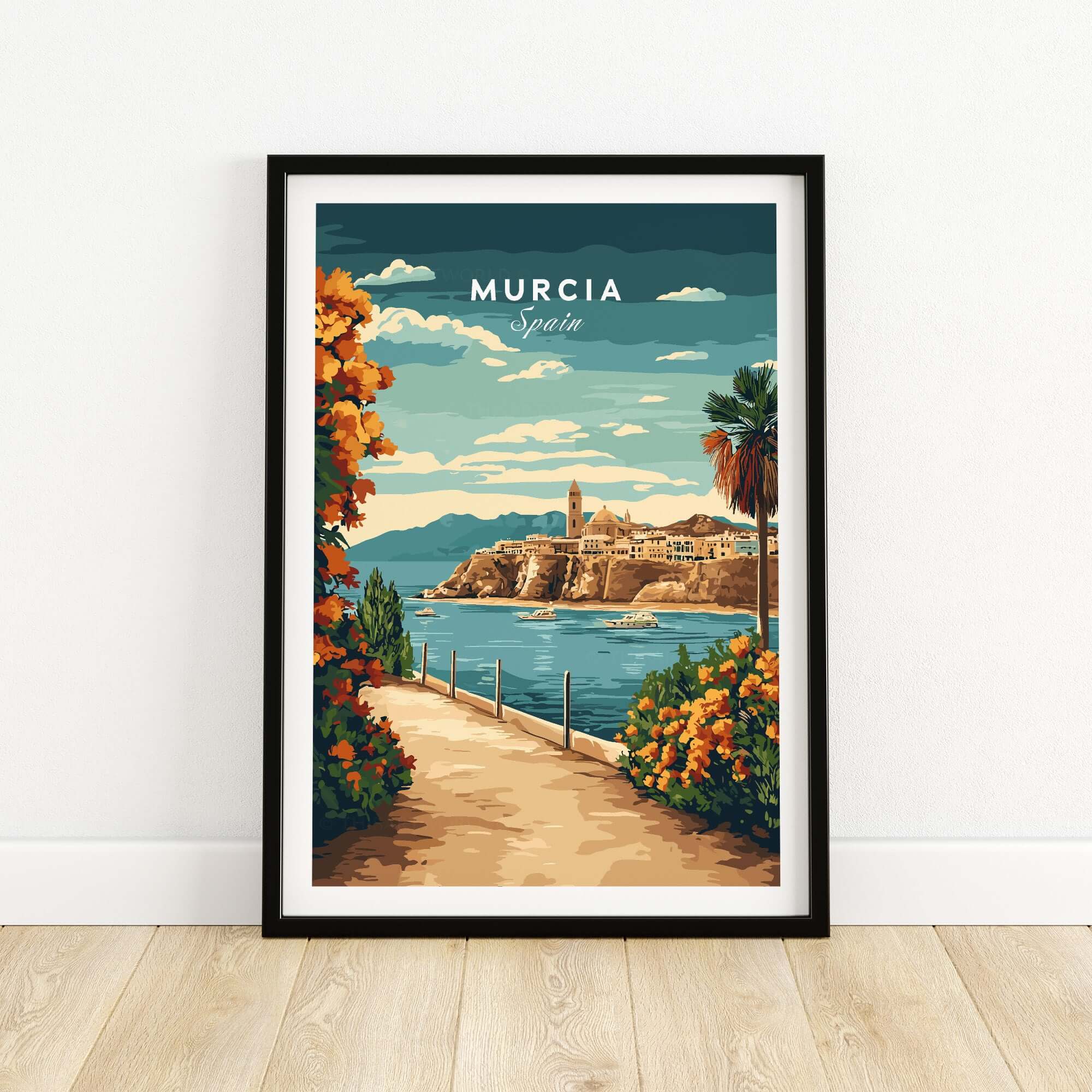 Murcia Print of Spain showcasing vibrant colors and coastal scenery with flowers and palm trees.