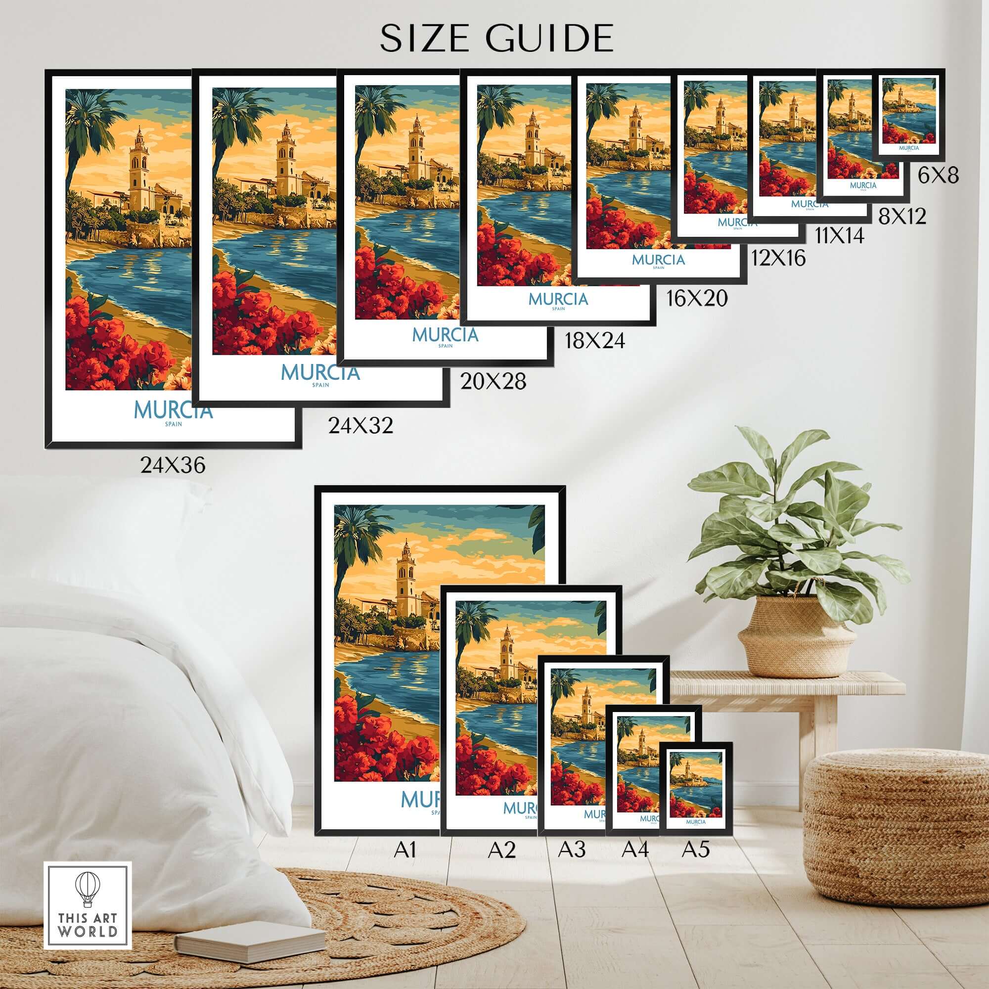 Murcia Spain Poster size guide showcasing various dimensions and designs for home decor options.