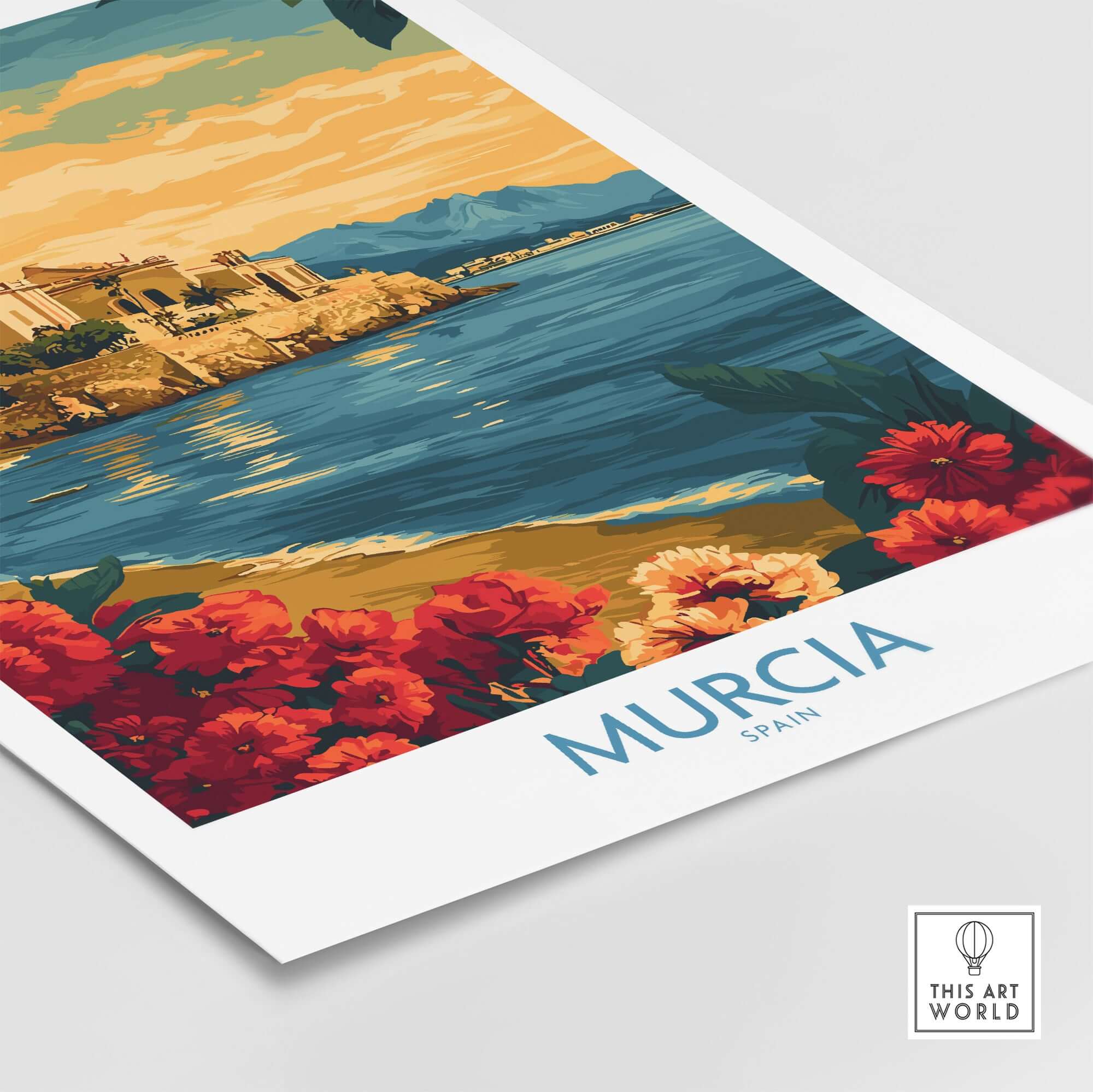 Murcia Spain Poster showcasing beautiful landscapes and vibrant flowers, perfect for home decor.