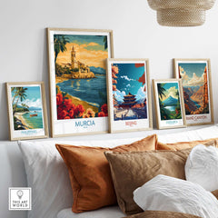 Murcia Spain Poster showcased among other travel-themed posters in a stylish home decor setting.