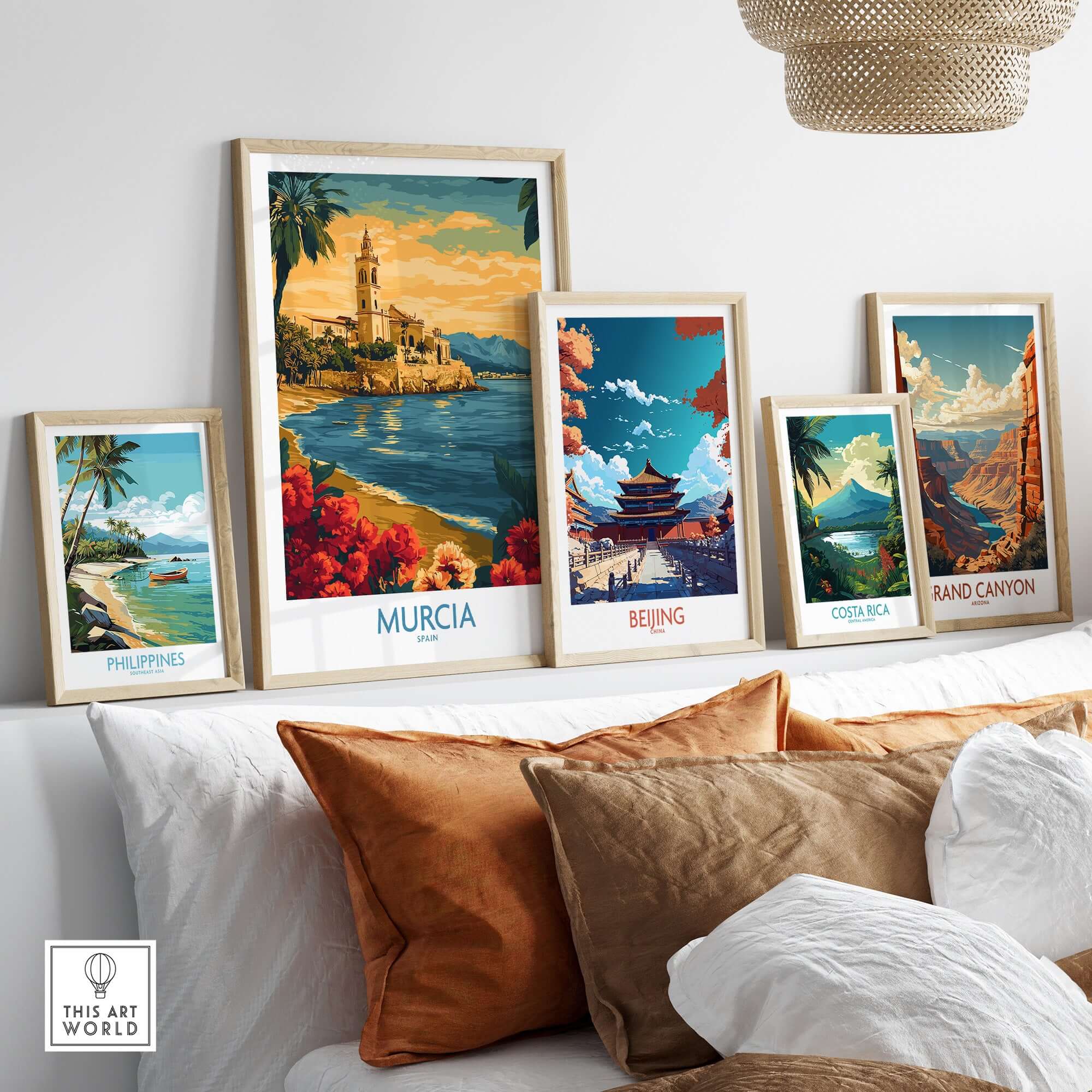 Murcia Spain Poster showcased among other travel-themed posters in a stylish home decor setting.