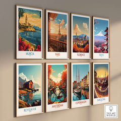 Murcia Spain Poster and other city posters hanging on a wall showcasing famous landmarks and landscapes.
