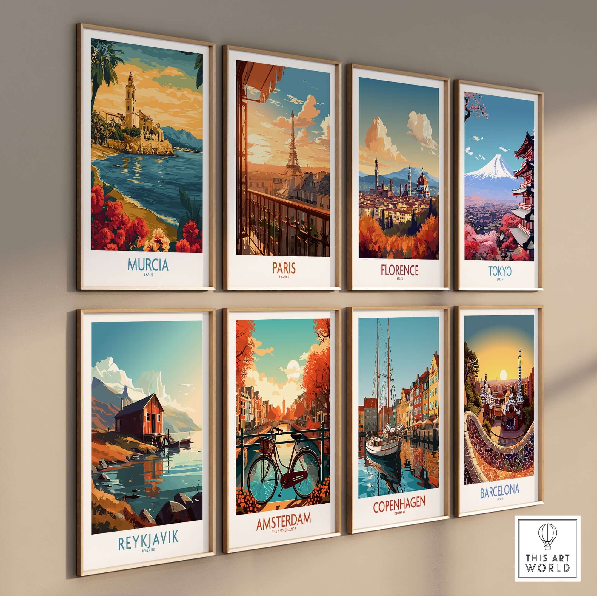 Murcia Spain Poster and other city posters hanging on a wall showcasing famous landmarks and landscapes.