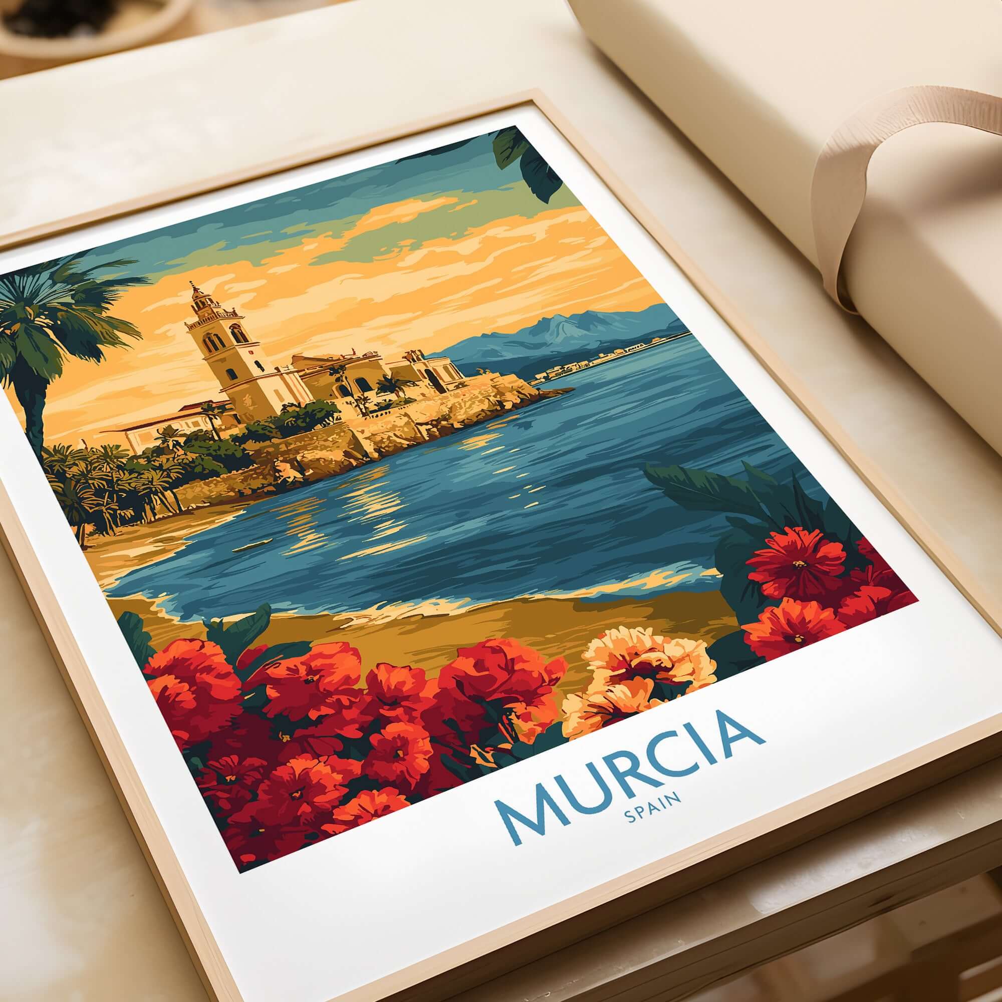 Murcia Spain Poster featuring beautiful landscapes and architecture of Murcia, Spain with vibrant colors.