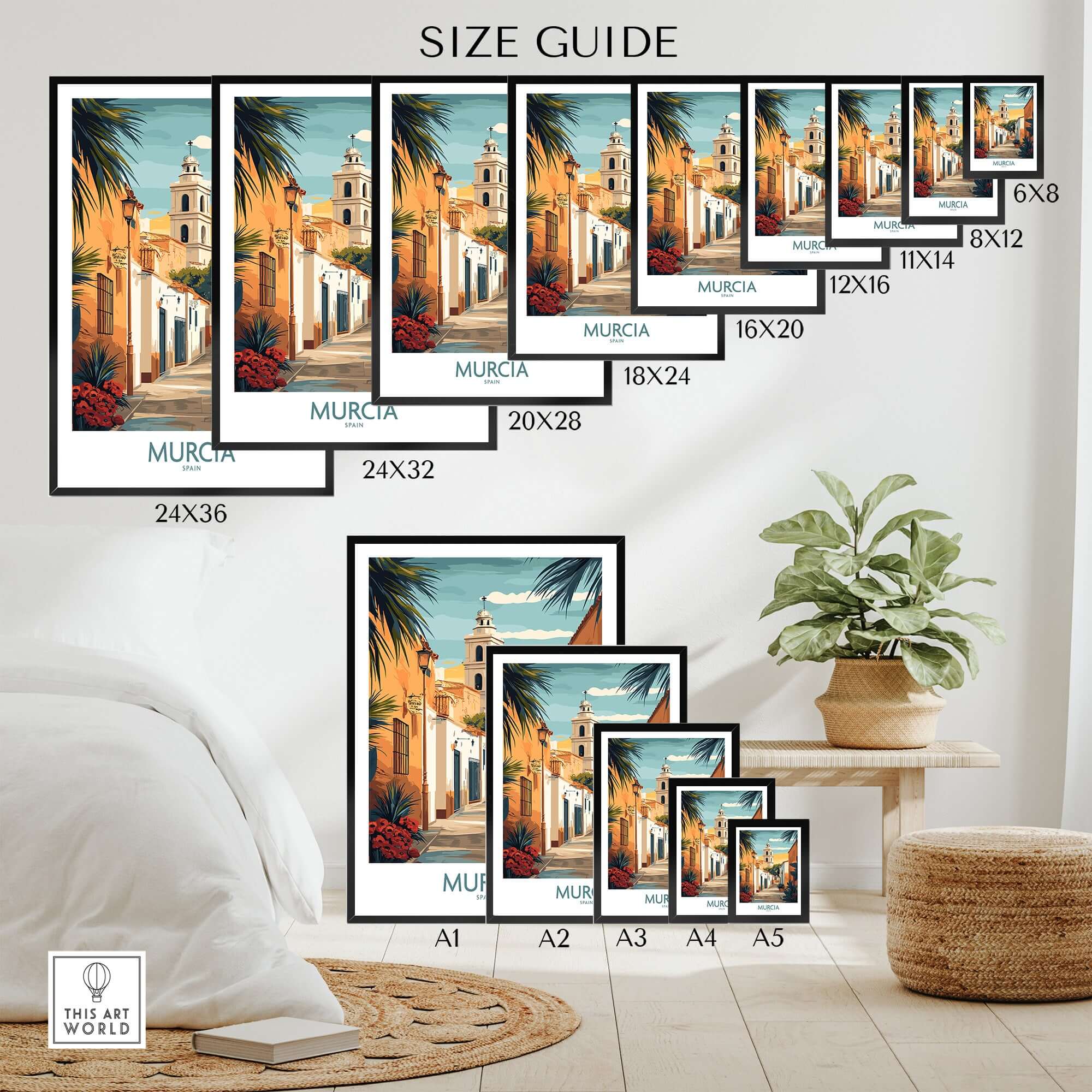 Montage of Murcia Spain Travel Poster in various sizes for home decor inspiration.