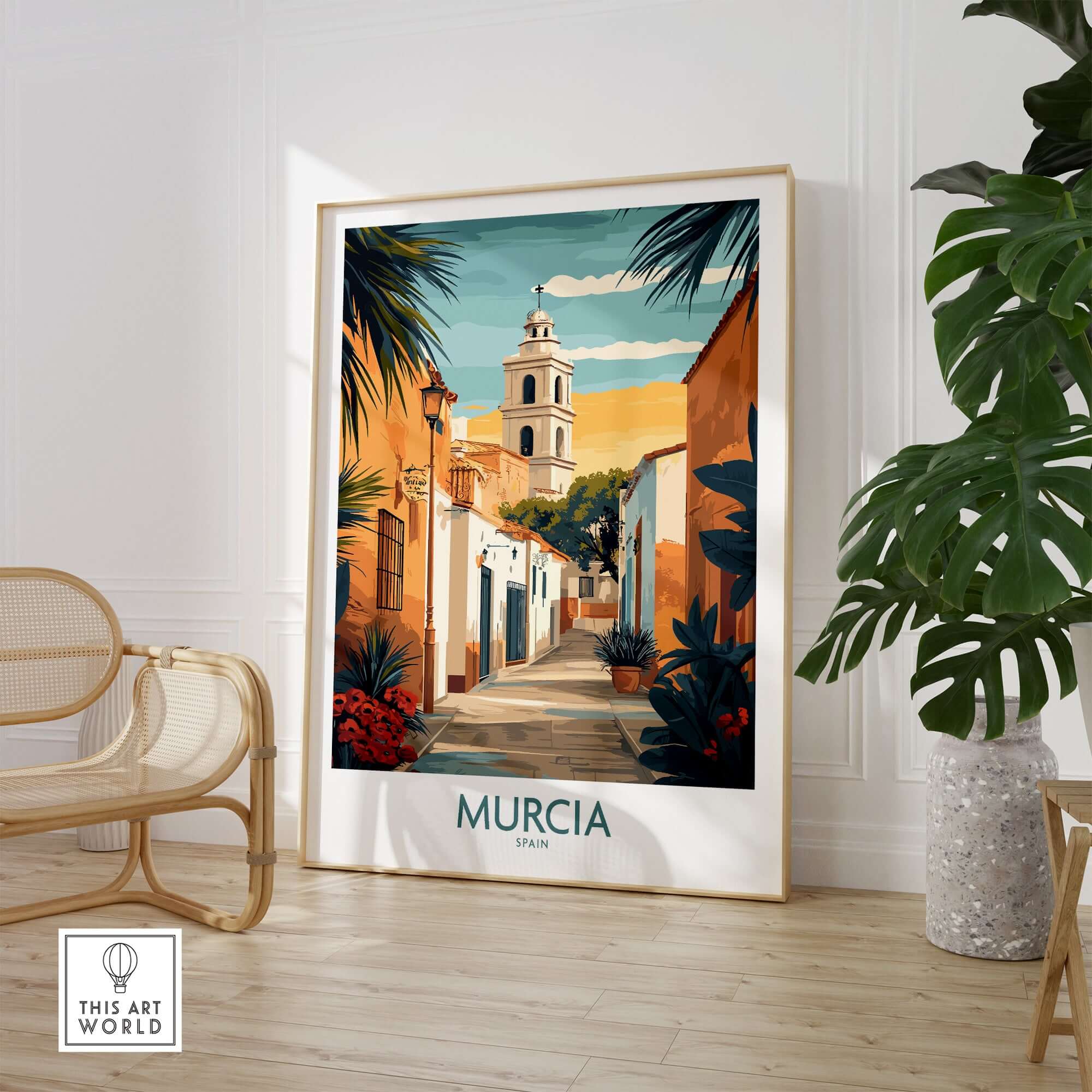 Murcia Spain Travel Poster showcasing a vibrant street scene with iconic landmarks and lush greenery.