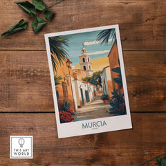 Murcia Spain Travel Poster featuring a picturesque street view and vibrant colors.