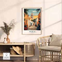 Murcia Spain Travel Poster displayed in a modern living room setting with stylish decor.