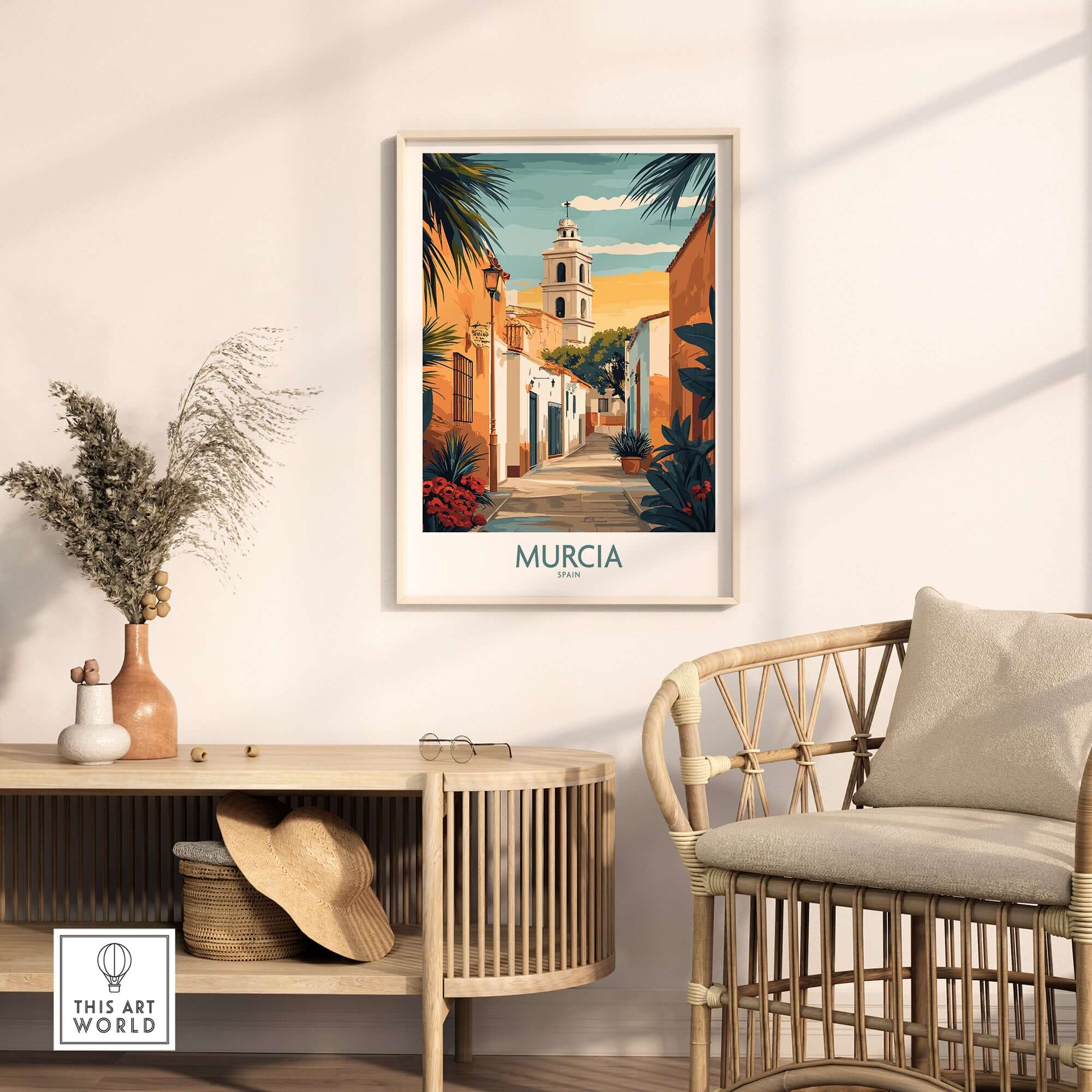 Murcia Spain Travel Poster displayed in a modern living room setting with stylish decor.