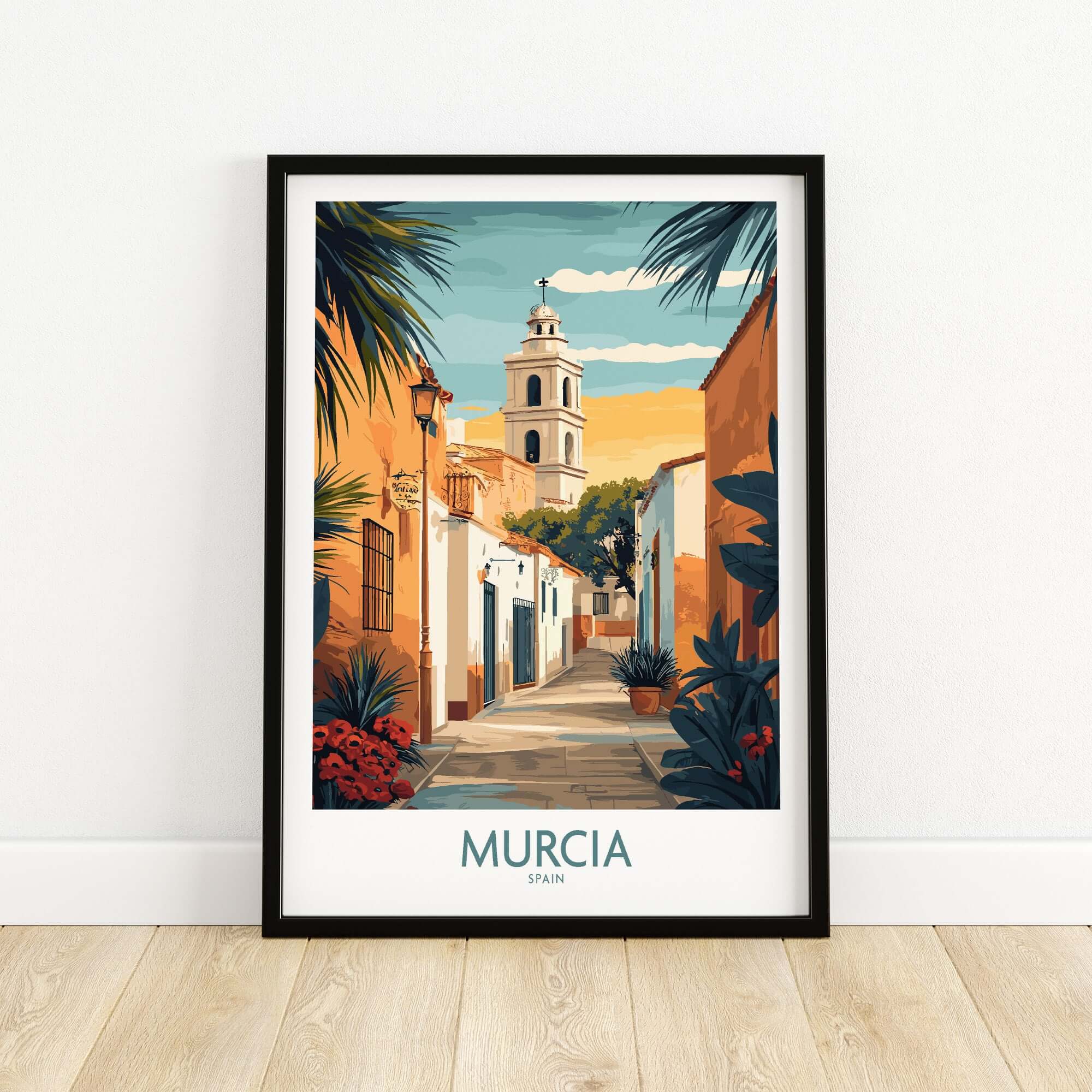 Murcia Spain Travel Poster showcasing a beautiful street scene with vibrant colors and iconic landmarks.