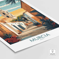 Murcia Spain Travel Poster showcasing a vibrant street in Murcia with iconic architecture and colorful flowers.