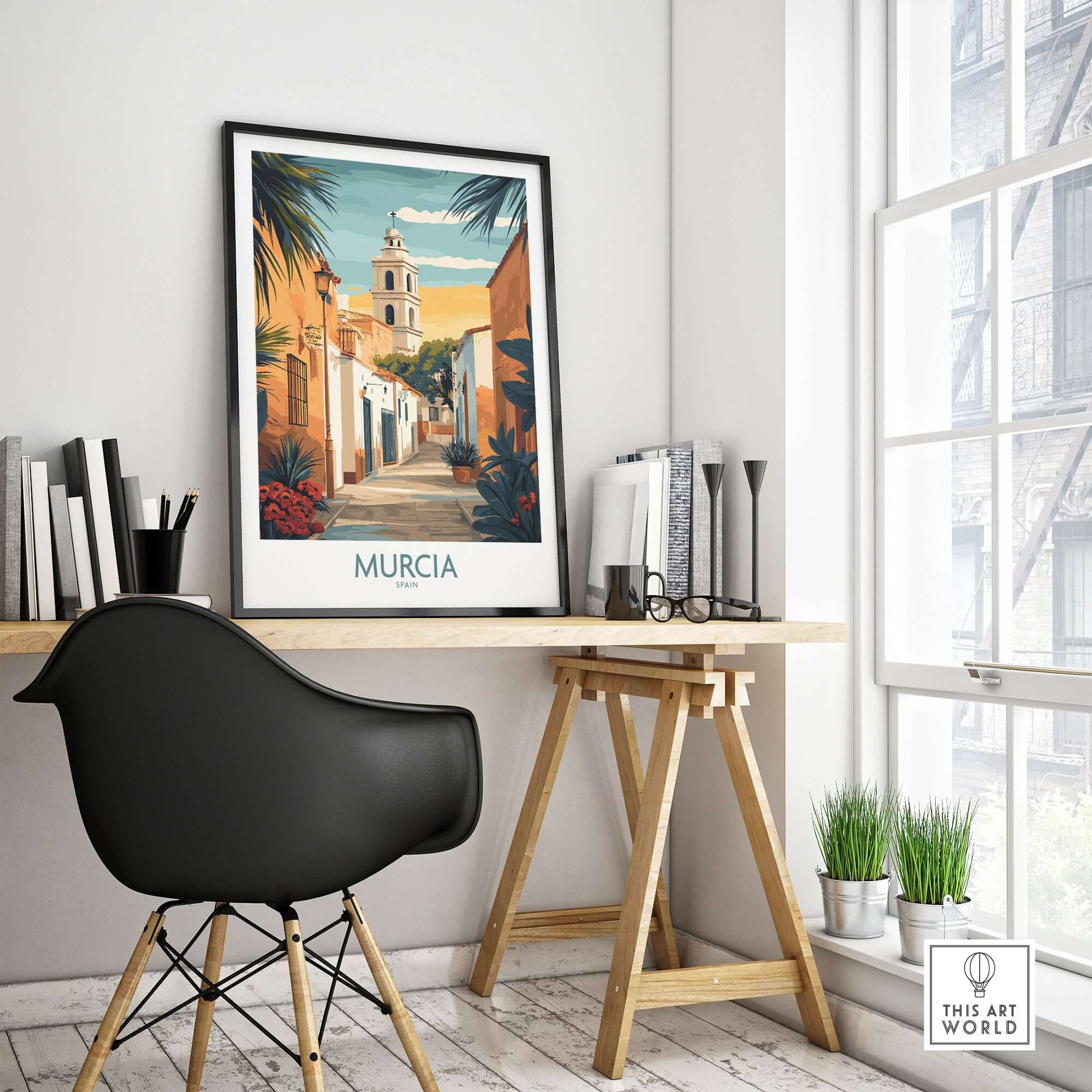 Murcia Spain Travel Poster displayed in a stylish room with modern decor and plants.