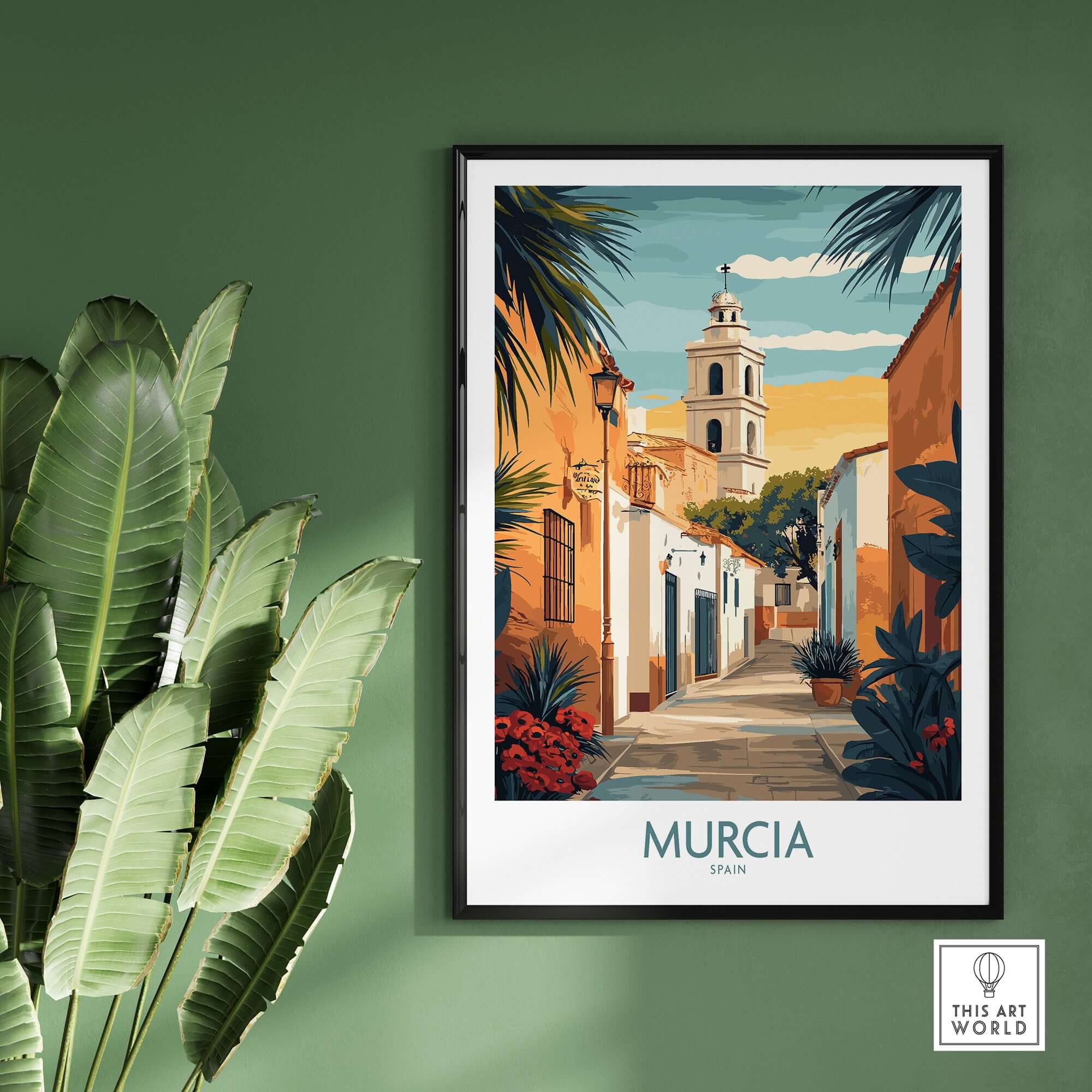 Murcia Spain Travel Poster showcasing vibrant streets and iconic architecture in a framed design.