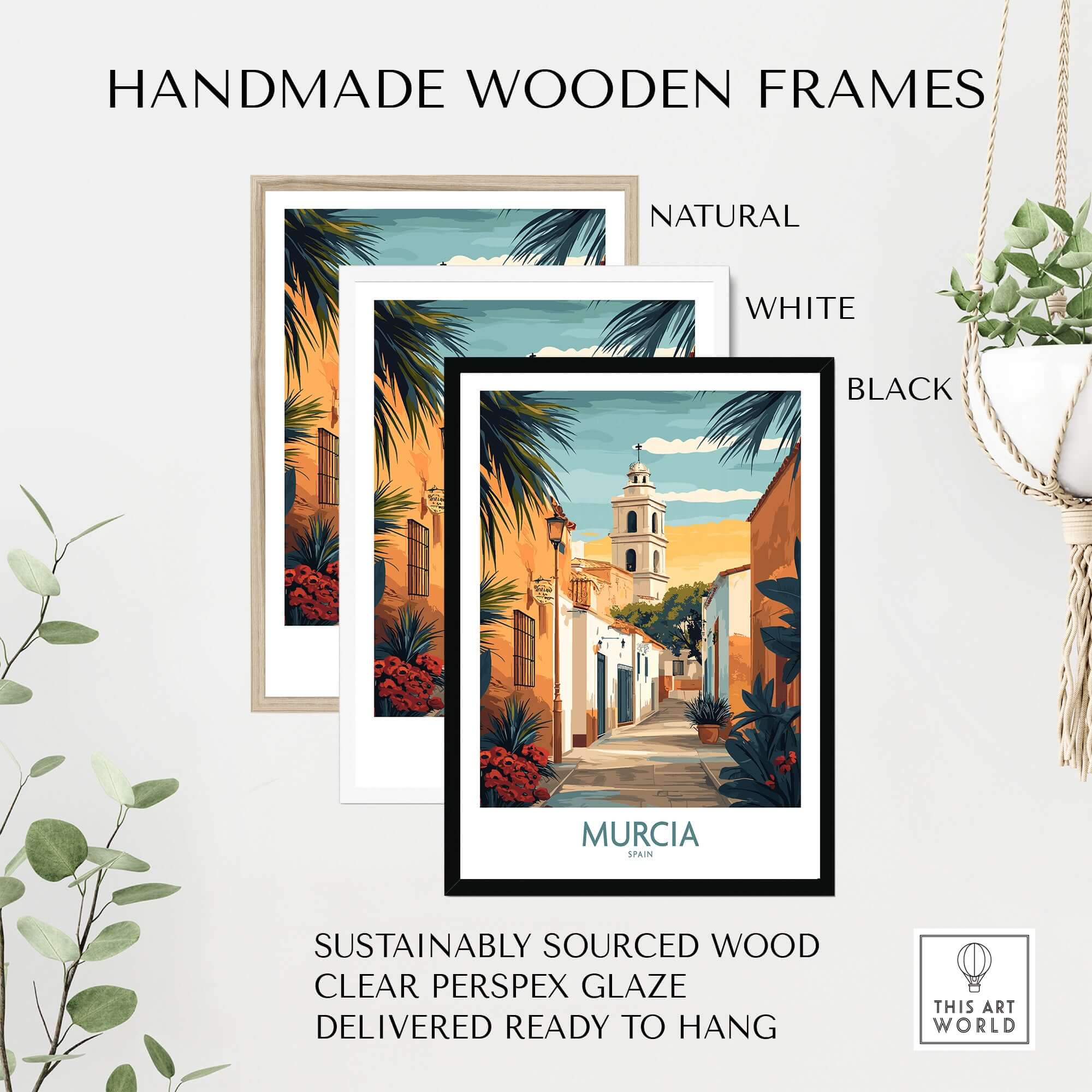Murcia Spain Travel Poster displayed in handmade wooden frames in natural, white, and black finishes.