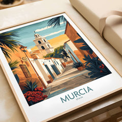 Murcia Spain Travel Poster showcasing a vibrant street scene in Murcia, Spain with iconic architecture and colorful plants.