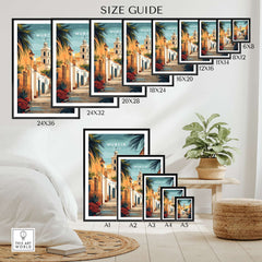 Size guide for Murcia Spain Travel Print showcasing various frame sizes for home decoration.