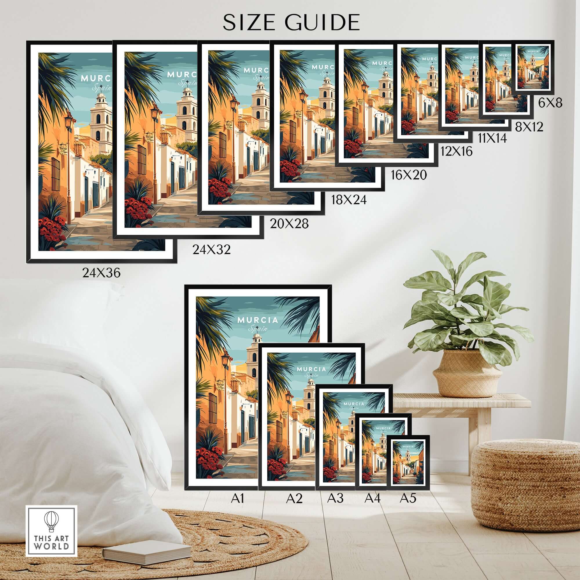 Size guide for Murcia Spain Travel Print showcasing various frame sizes for home decoration.