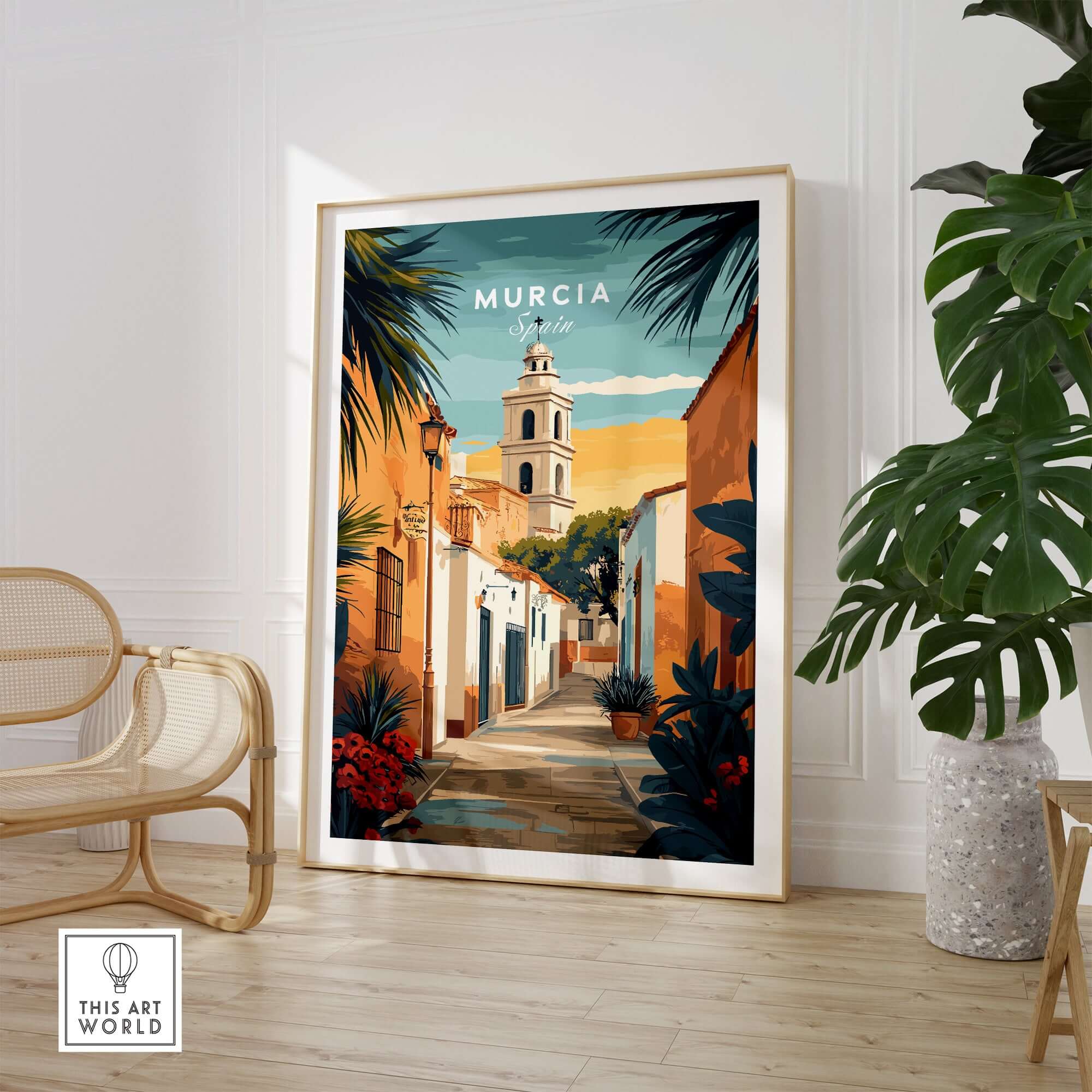 Murcia Spain Travel Print featuring vibrant colors and iconic architecture in a stylish interior setting.