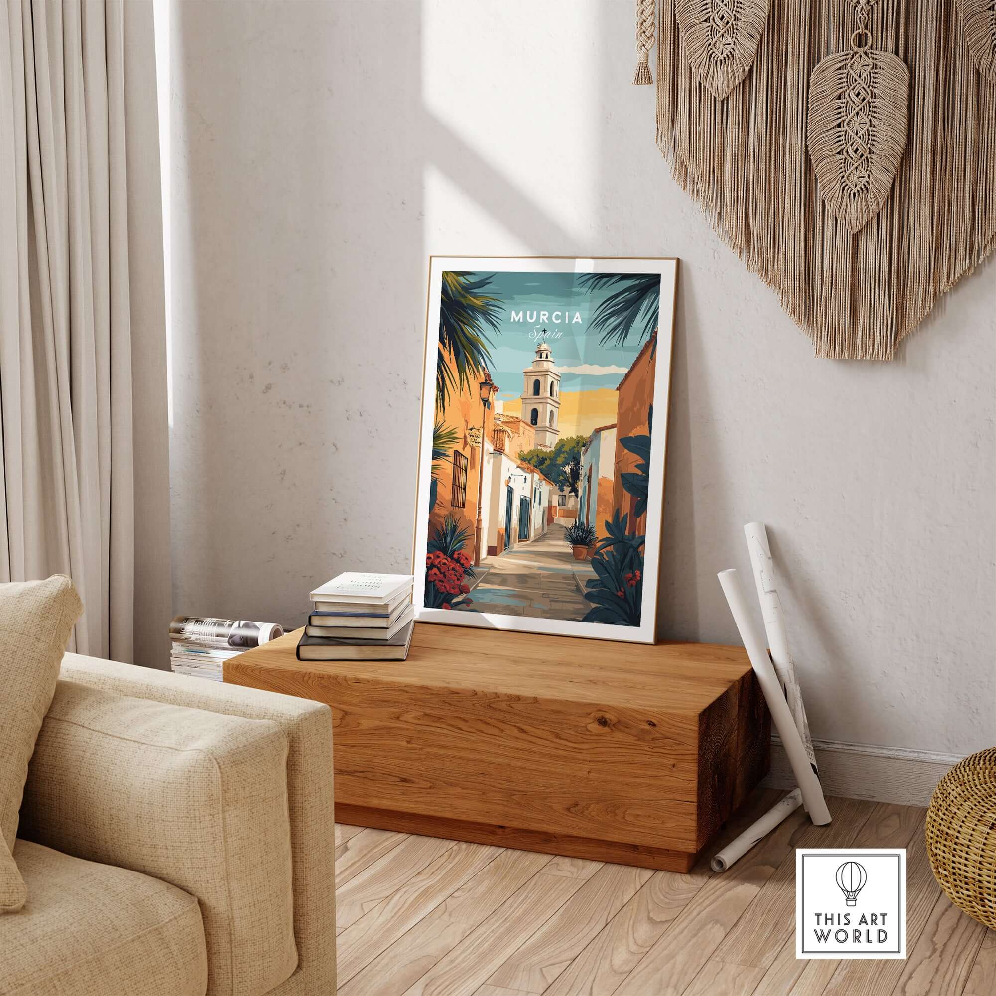 Murcia Spain Travel Print displayed in a stylish living room setting with natural lighting.
