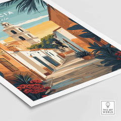 Murcia Spain Travel Print showcasing a vibrant street scene with colorful buildings and lush plants