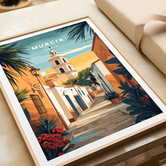 Murcia Spain Travel Print featuring a vibrant street scene with plants and architecture from Murcia.