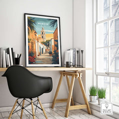 Murcia Spain Travel Print displayed in a stylish home office setting with natural light.