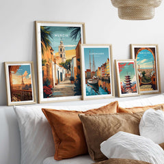 Murcia Spain Travel Print featuring vibrant city scenes and framed artwork on a stylish wall.