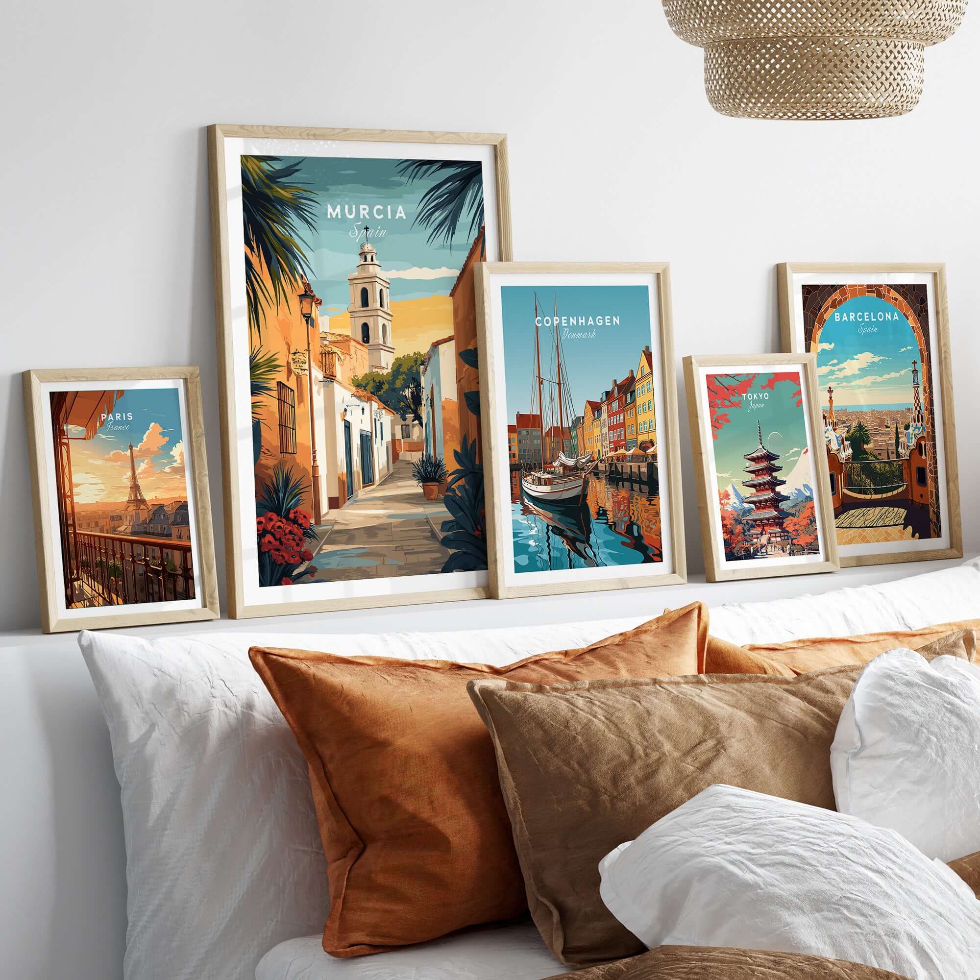 Murcia Spain Travel Print featuring vibrant city scenes and framed artwork on a stylish wall.