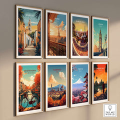 Murcia Spain Travel Print showcasing vibrant street scenes and iconic landmarks in a gallery wall arrangement.