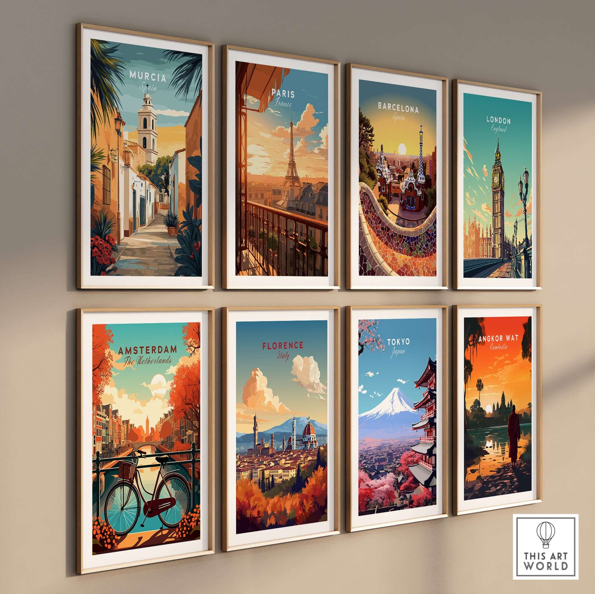 Murcia Spain Travel Print showcasing vibrant street scenes and iconic landmarks in a gallery wall arrangement.