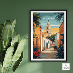 Murcia Spain Travel Print featuring a vibrant illustration of a charming street in Murcia.