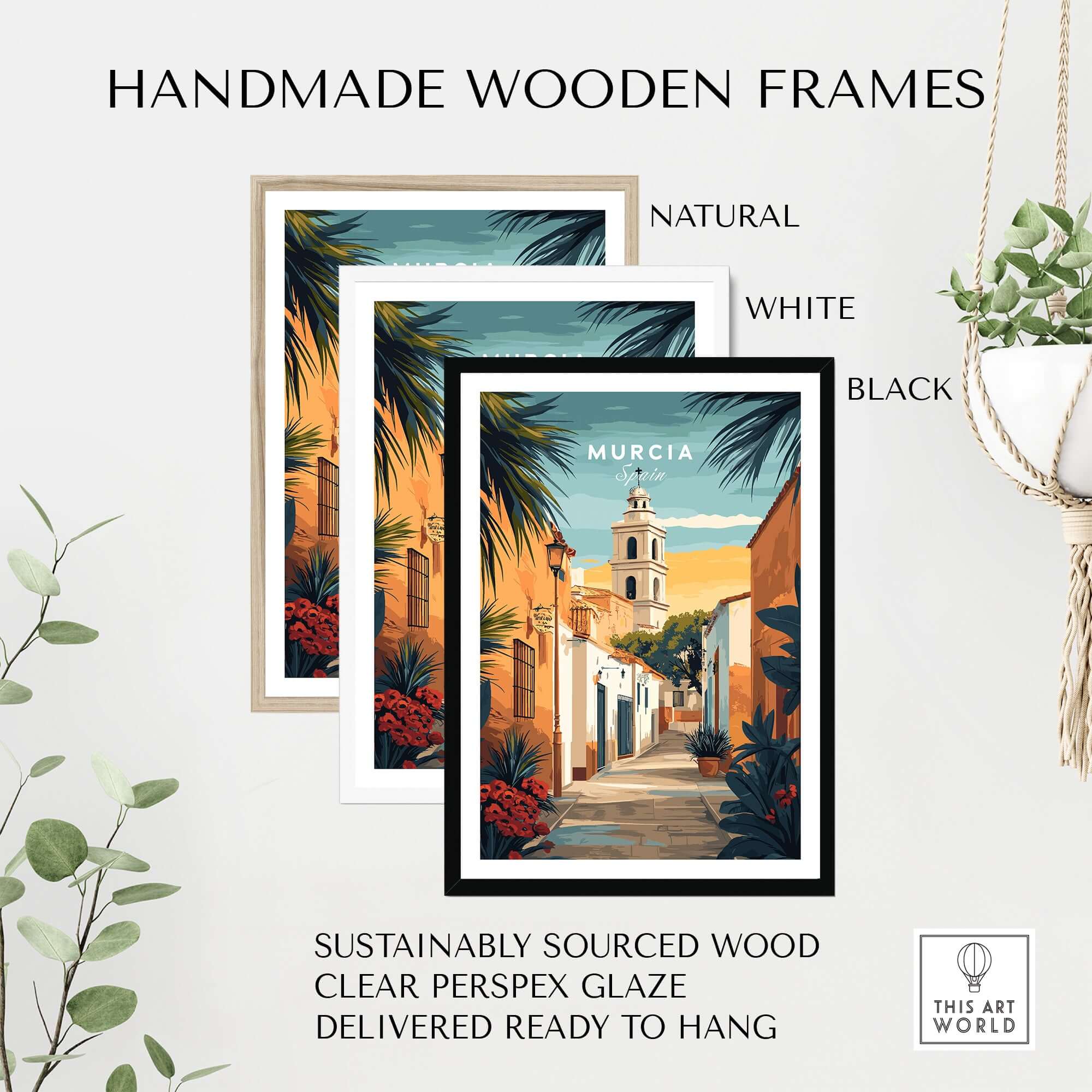 Murcia Spain Travel Print showcased in natural, white, and black handmade frames, crafted from sustainably sourced wood.