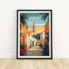 Murcia Spain Travel Print showcasing a vibrant street scene in the city of Murcia, Spain, framed artwork.