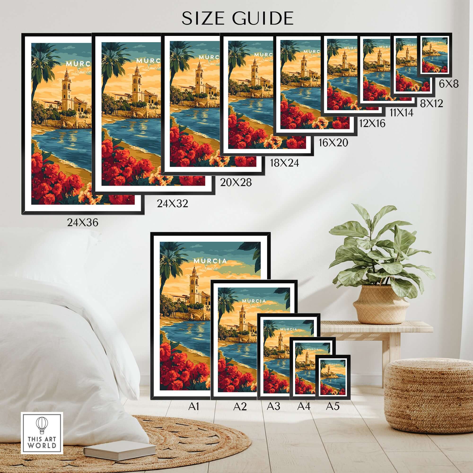 Size guide for Murcia Spain Wall Art prints in various dimensions and styles.