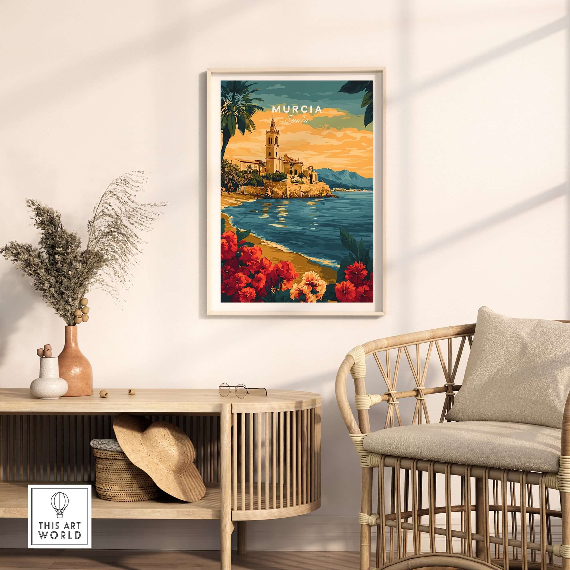 Murcia Spain Wall Art featuring vibrant colors and intricate details of the city and coastline.