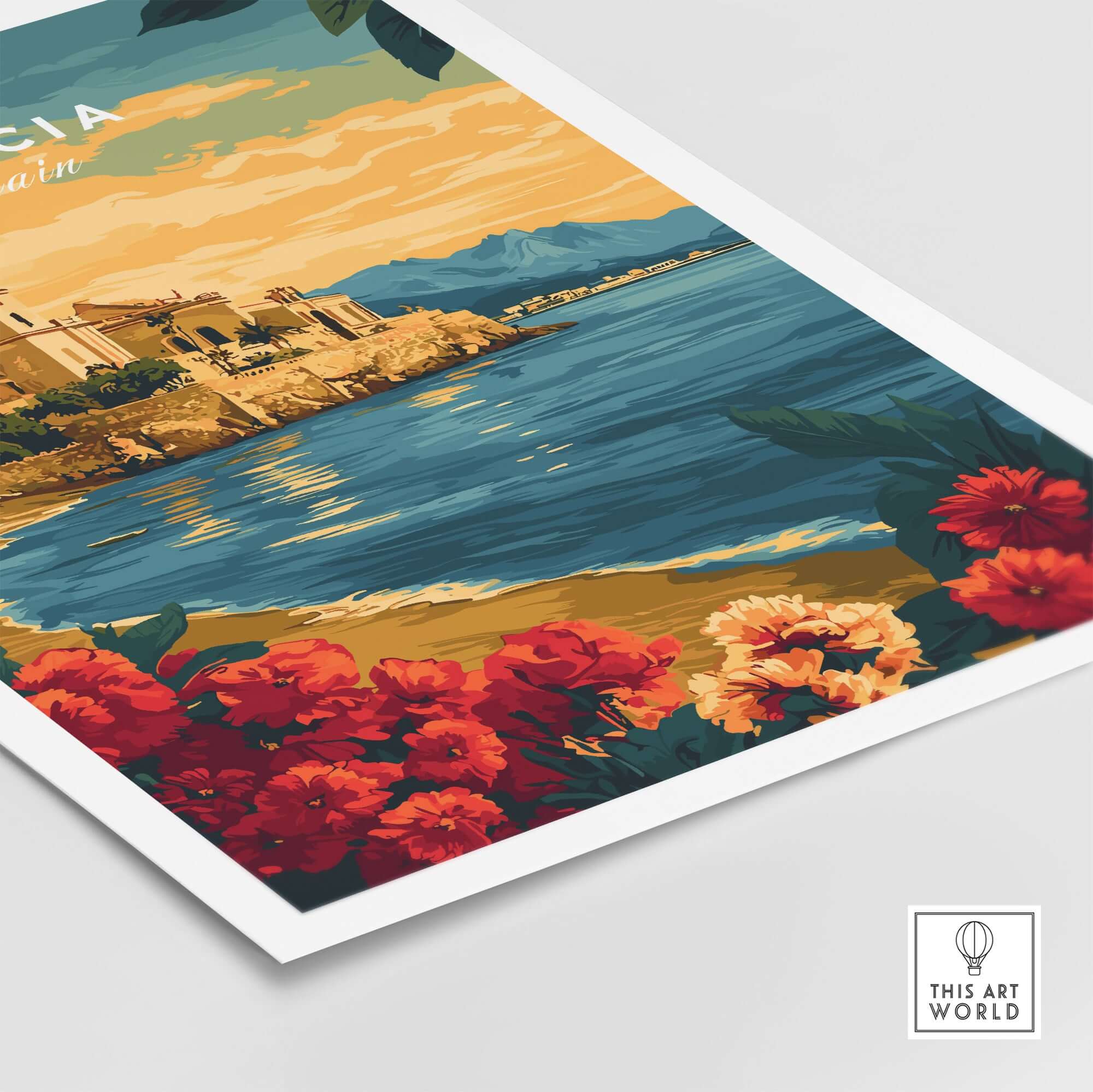 Murcia Spain Wall Art featuring vibrant colors and intricate details of the Murcia coastline and flowers.