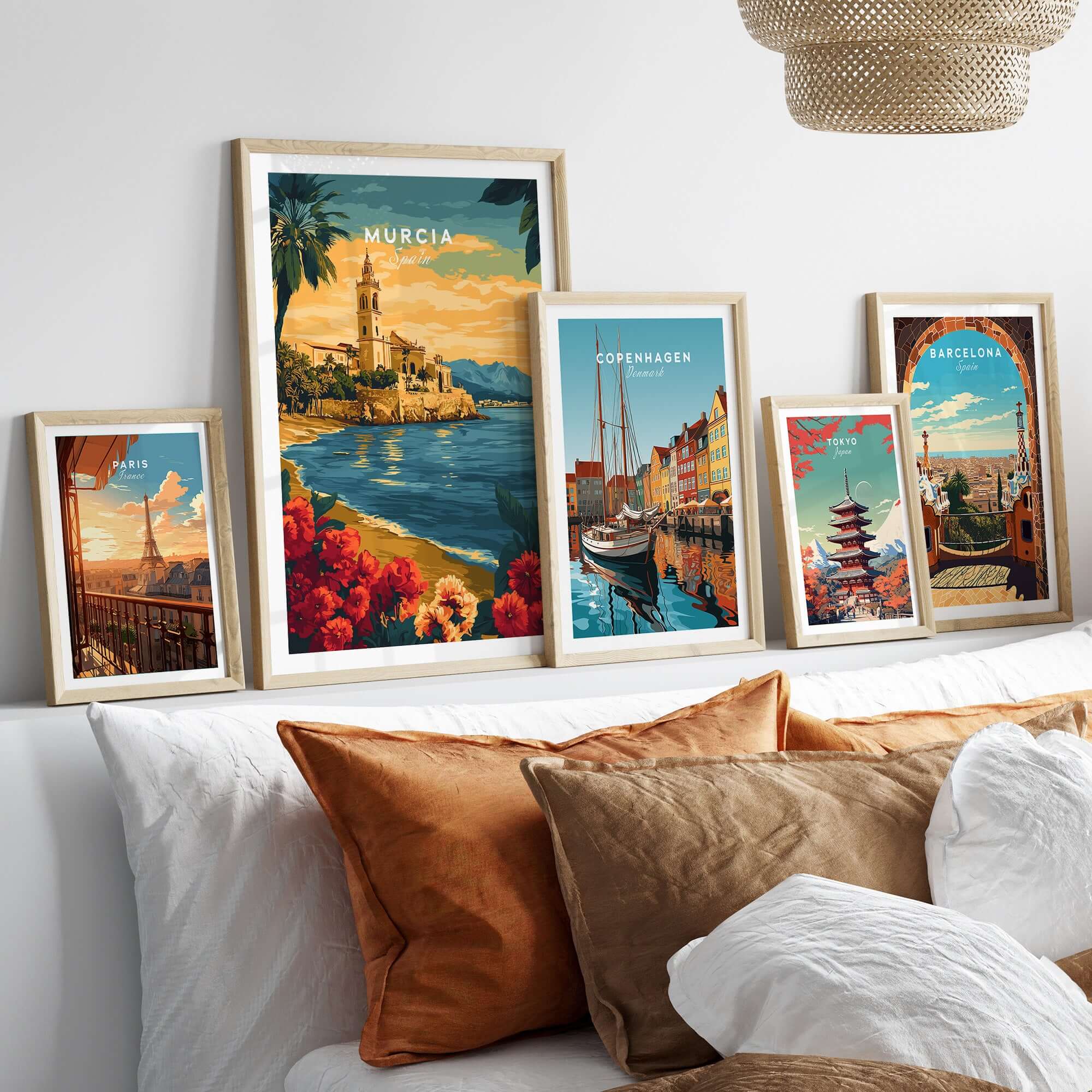 Murcia Spain Wall Art beautifully displayed with travel-themed prints on a stylish wall above a cozy sofa.
