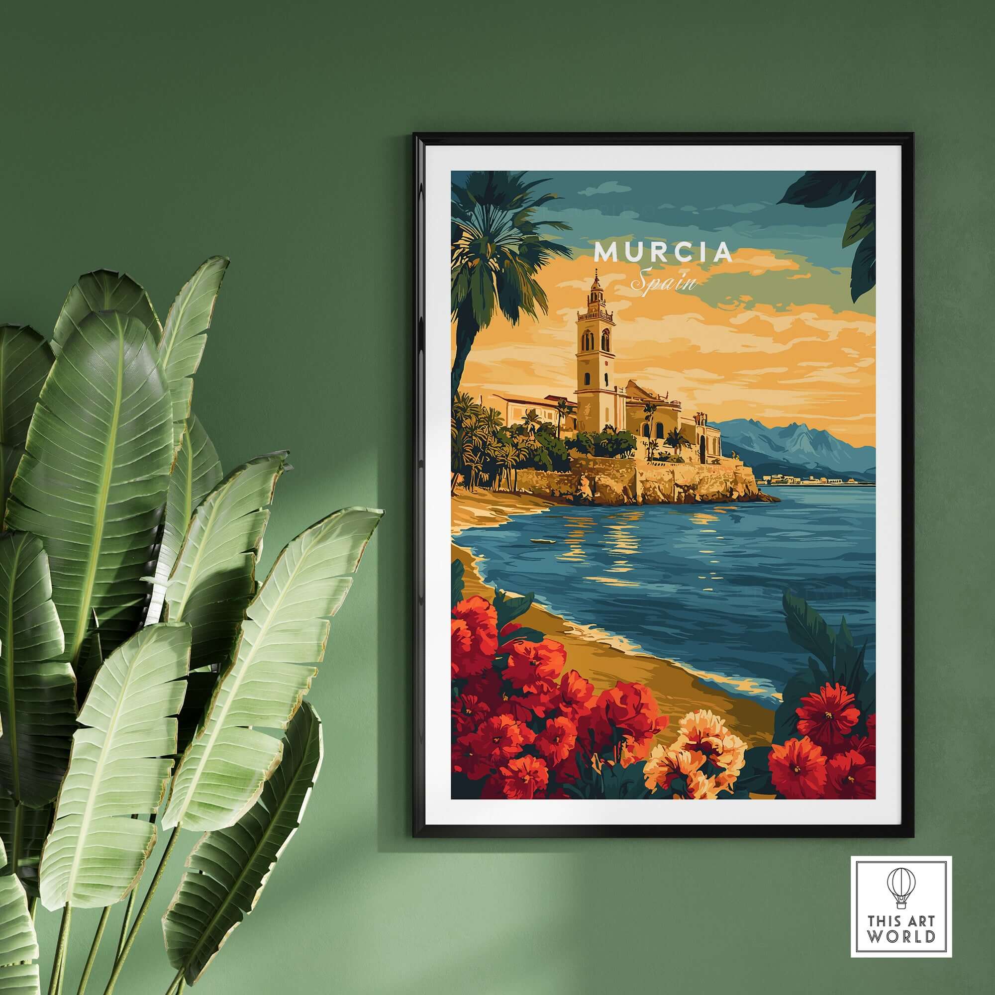 Murcia Spain Wall Art featuring a vibrant coastal scene with palm trees and colorful flowers.