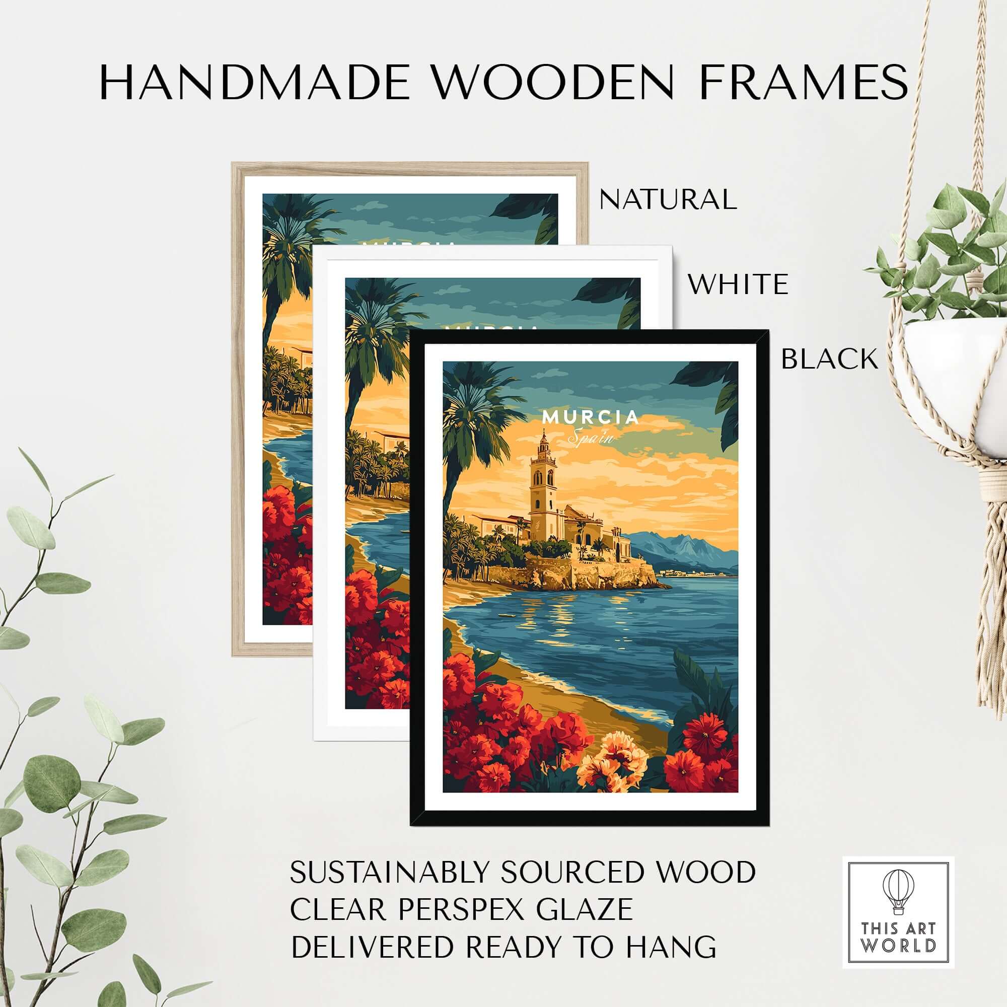 Handmade wooden frames in natural, white, and black for Murcia Spain Wall Art, featuring sustainably sourced wood and clear perspex glaze.
