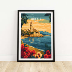 Murcia Spain Wall Art showcasing vibrant coastal scene with flowers, palm trees, and stunning sunset colors.