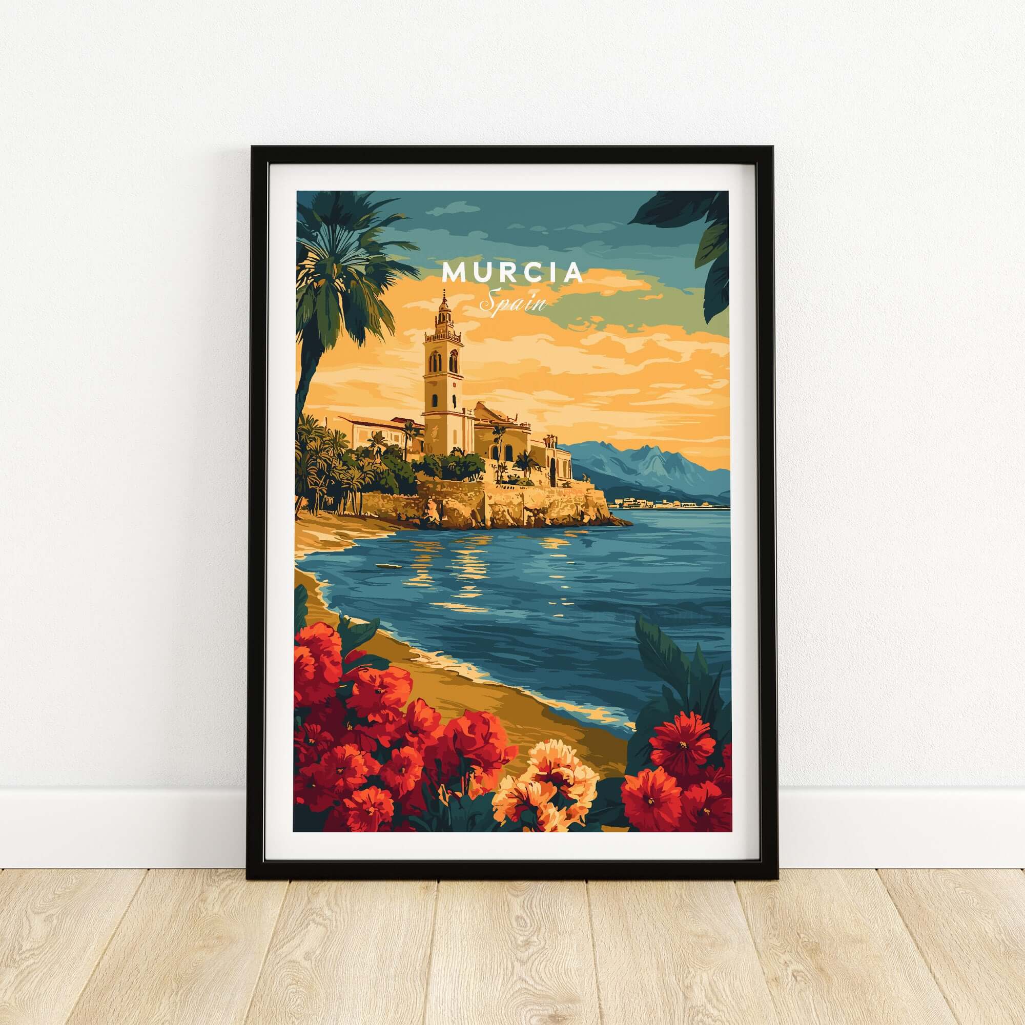 Murcia Spain Wall Art showcasing vibrant coastal scene with flowers, palm trees, and stunning sunset colors.