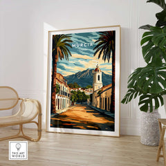 Murcia Travel Poster featuring vibrant architecture and scenic landscape, perfect for home decor.