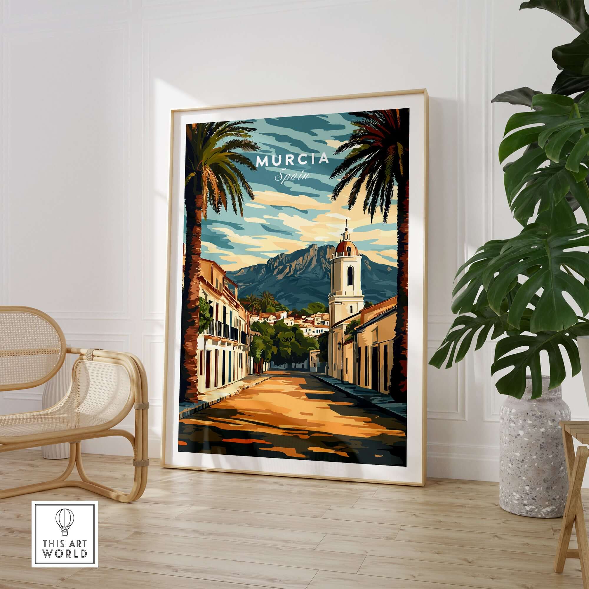 Murcia Travel Poster featuring vibrant architecture and scenic landscape, perfect for home decor.