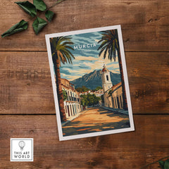 Murcia Travel Poster depicting vibrant architecture and palm trees in a scenic street view of Murcia, Spain.
